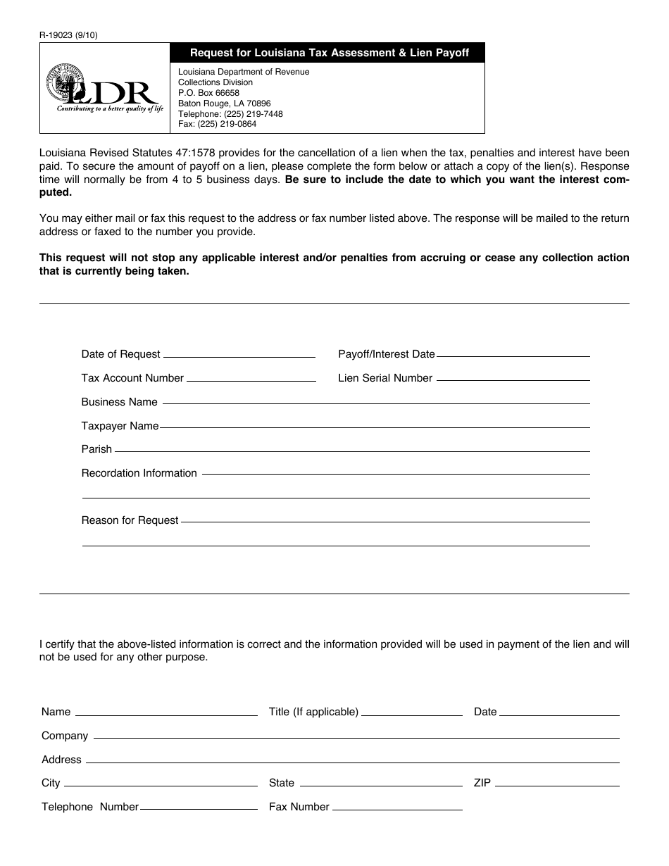 Form R-19023 Request for Louisiana Tax Assessment  Lien Payoff - Louisiana, Page 1