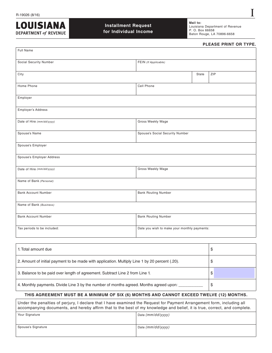 Form R-19026 Installment Request for Individual Income - Louisiana, Page 2