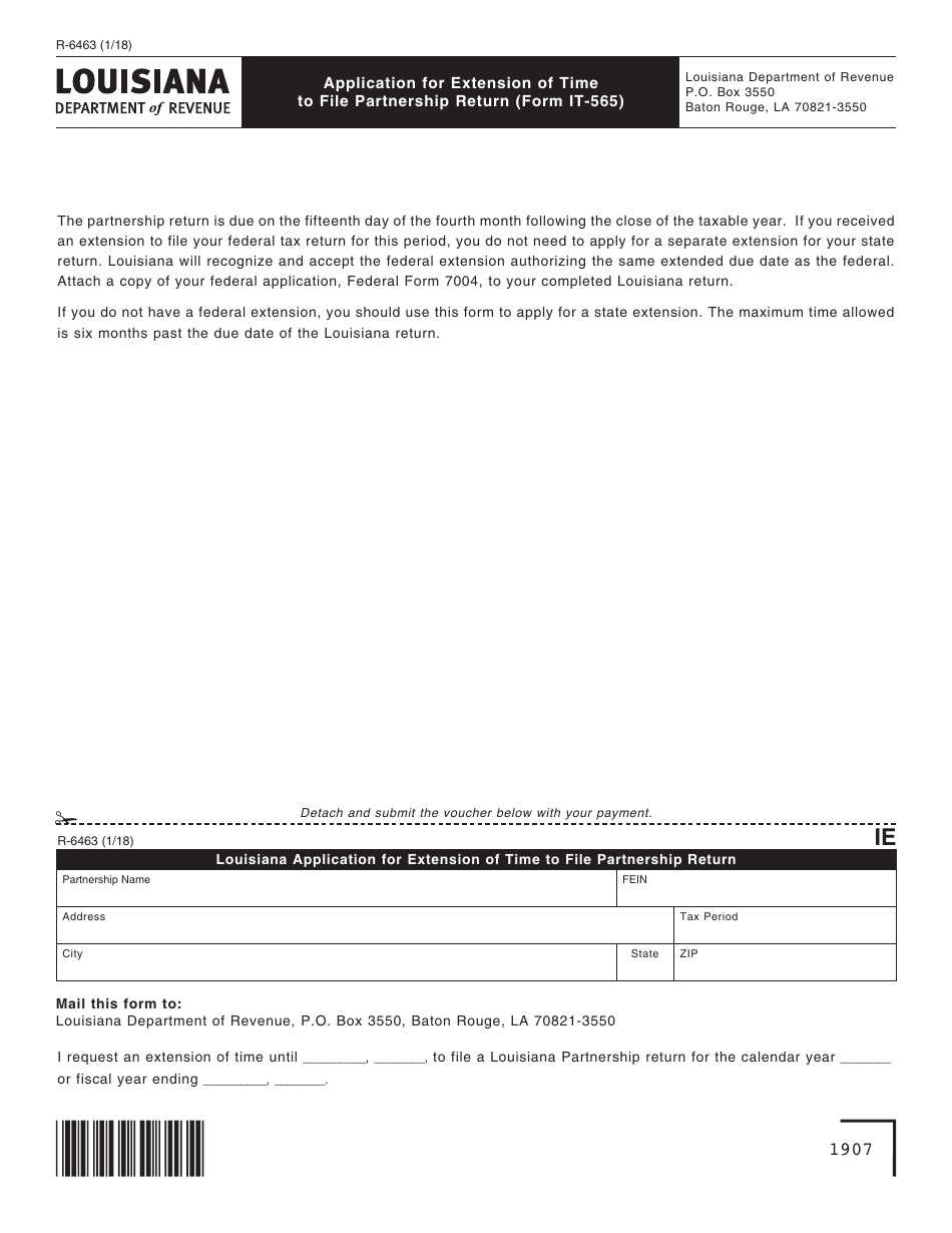 Form R-6463 Application for Extension of Time to File Partnership Return (Form It-565) - Louisiana, Page 1