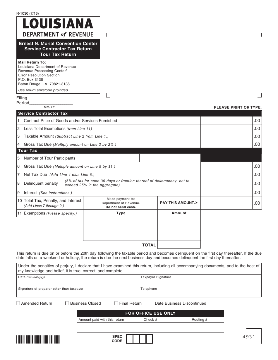 Form R-1030 Ernest N. Morial Convention Center Service Contractor Tax Return Tour Tax Return - Louisiana, Page 1