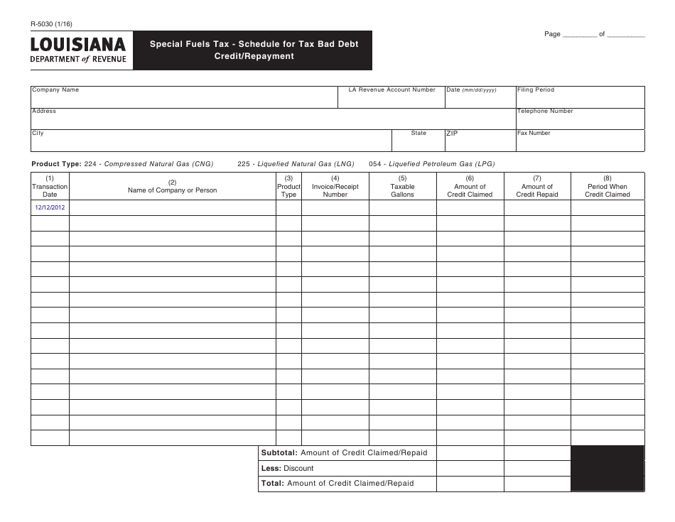 Form R-5030 Schedule for Tax Bad Debt Credit / Repayment - Special Fuels Tax - Louisiana, Page 1