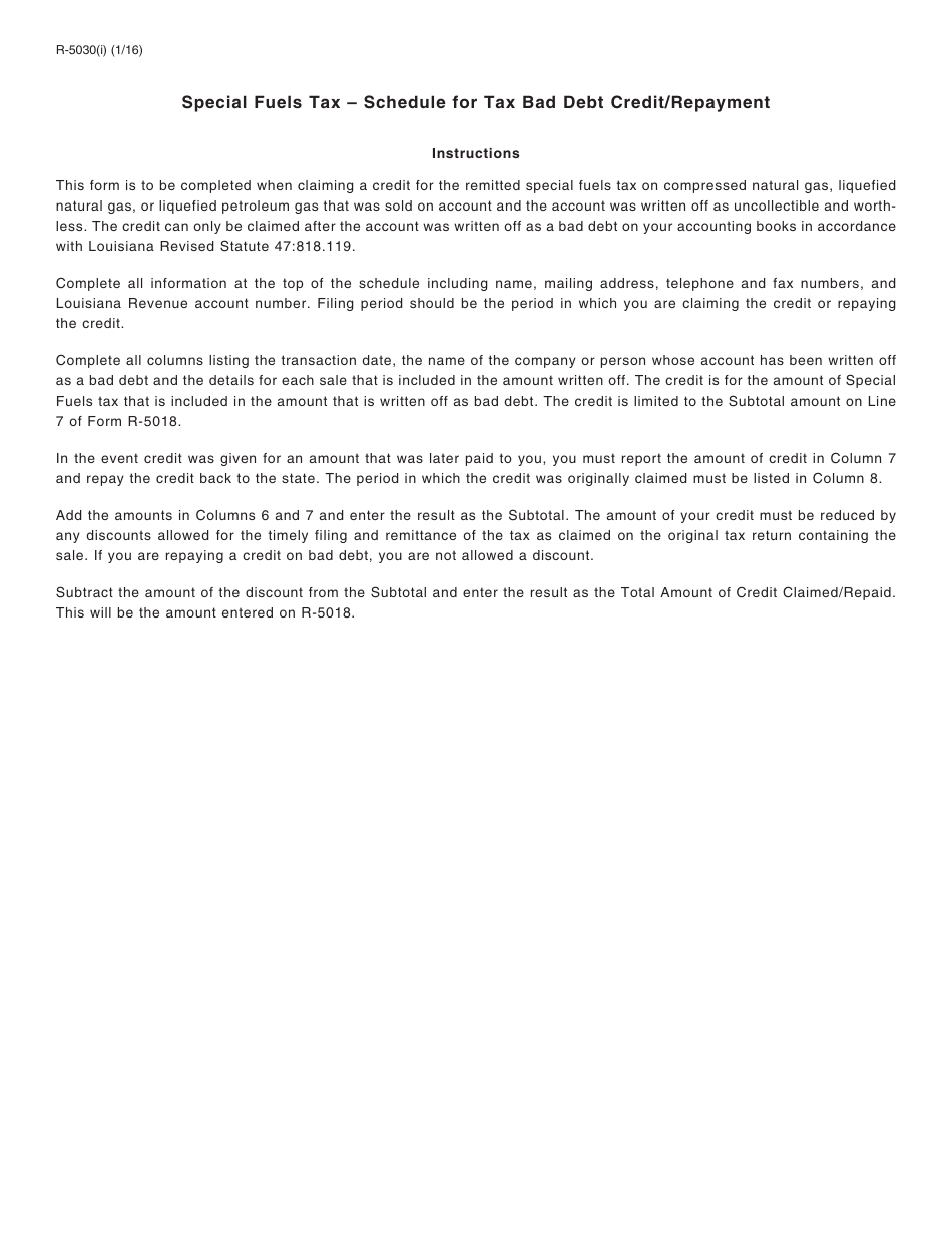 Form R-5030 Schedule for Tax Bad Debt Credit / Repayment - Special Fuels Tax - Louisiana, Page 2