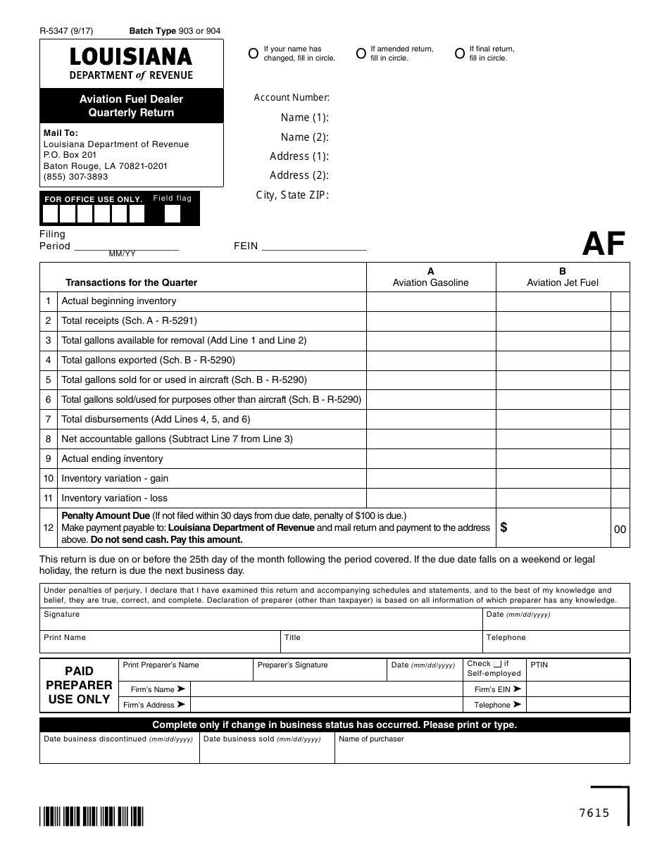 Form R-5347 Aviation Fuel Dealer Quarterly Return - Louisiana, Page 1