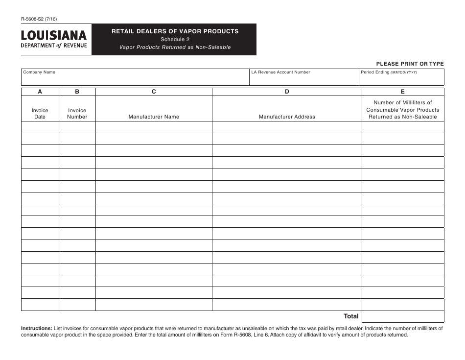 Form R-5608-S2 Schedule 2 Vapor Products Returned as Non-saleable - Retail Dealers of Vapor Products - Louisiana, Page 1
