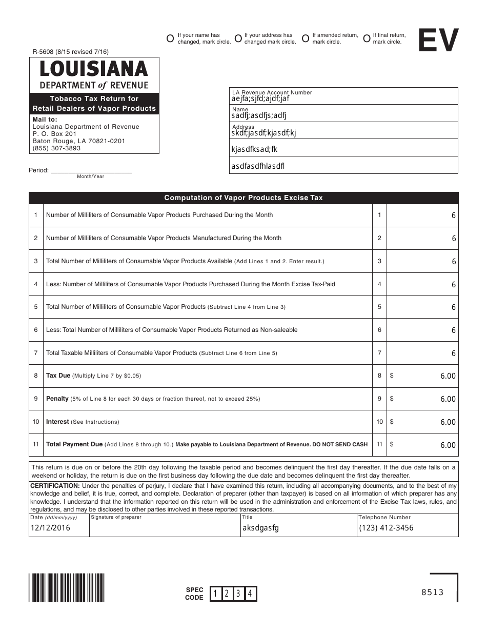 Form R-5608 Tobacco Tax Return for Retail Dealers of Vapor Products - Louisiana, Page 1