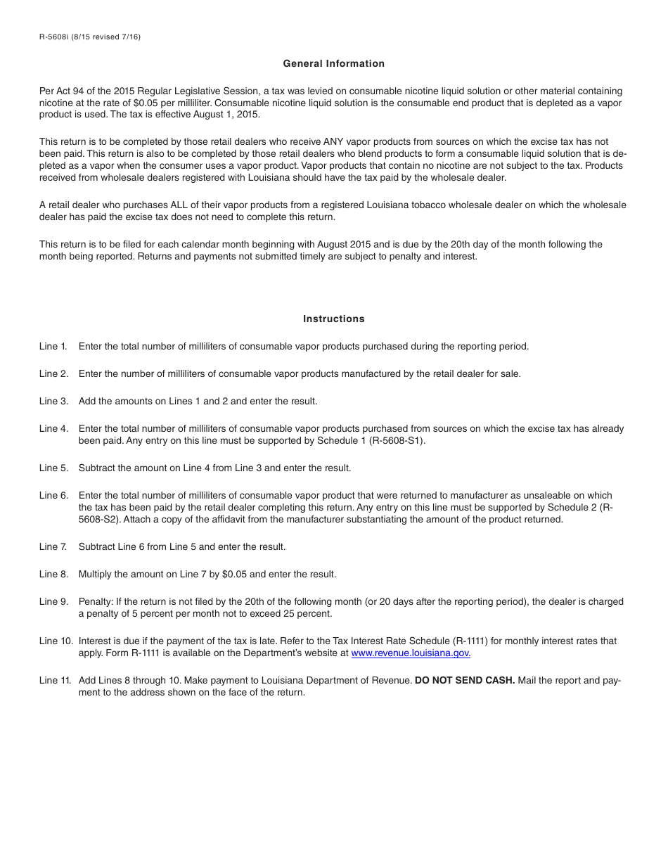 Form R-5608 Tobacco Tax Return for Retail Dealers of Vapor Products - Louisiana, Page 2