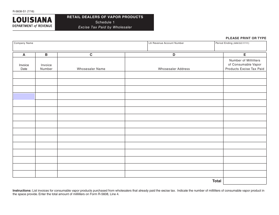 Form R-5608-S1 Schedule 1 Excise Tax Paid by Wholesaler - Retail Dealers of Vapor Products - Louisiana, Page 1