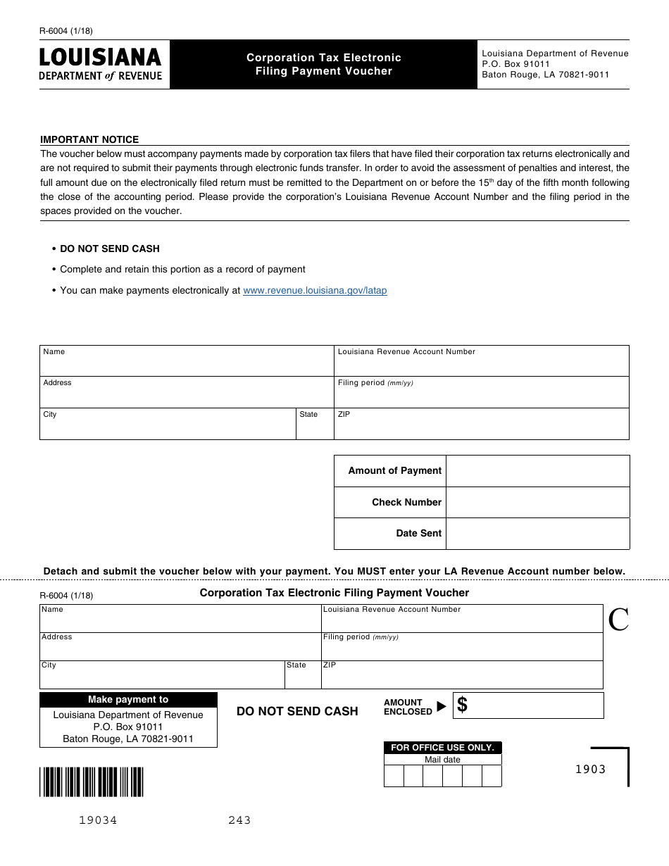 Form R-6004 Corporation Tax Electronic Filing Payment Voucher - Louisiana, Page 1