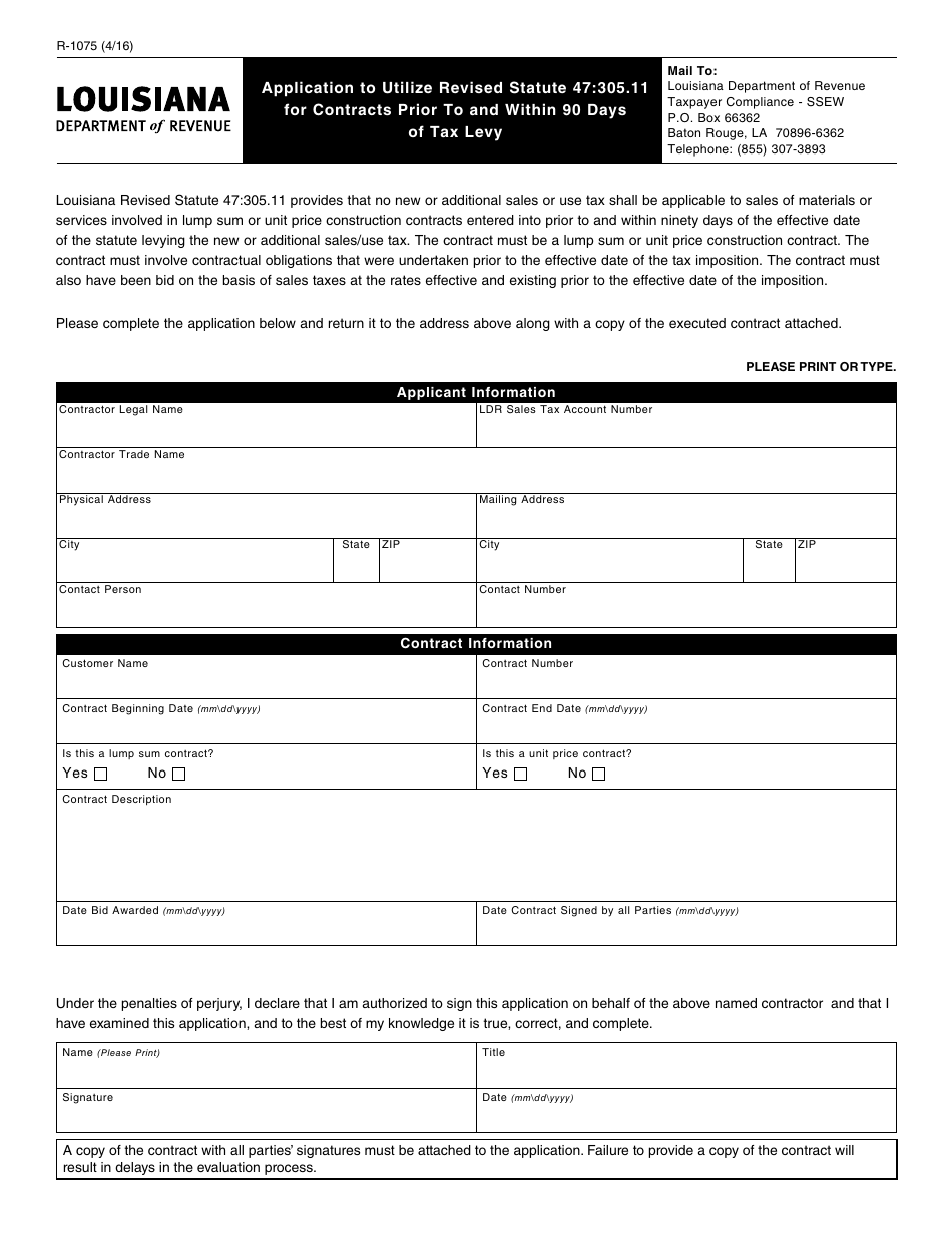 Form R-1075 Application to Utilize Revised Statute 47:305.11 for Contracts Prior to and Within 90 Days of Tax Levy - Louisiana, Page 1