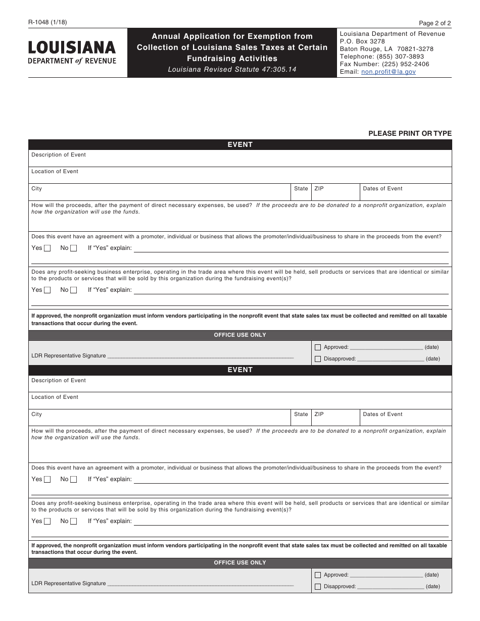 Form R-1048 Annual Application for Exemption From Collection of Louisiana Sales Taxes at Certain Fundraising Activities - Louisiana, Page 2