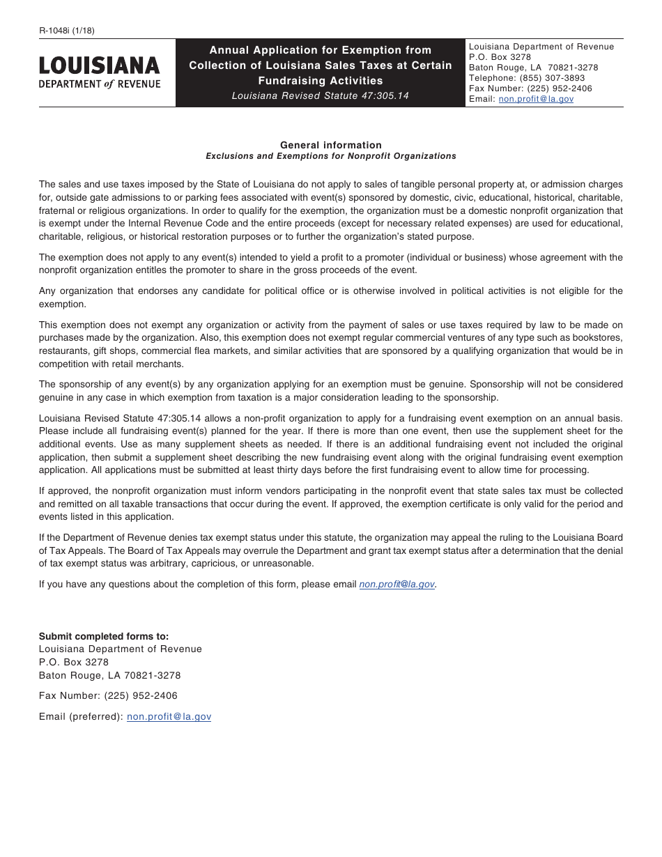 Form R-1048 Annual Application for Exemption From Collection of Louisiana Sales Taxes at Certain Fundraising Activities - Louisiana, Page 3
