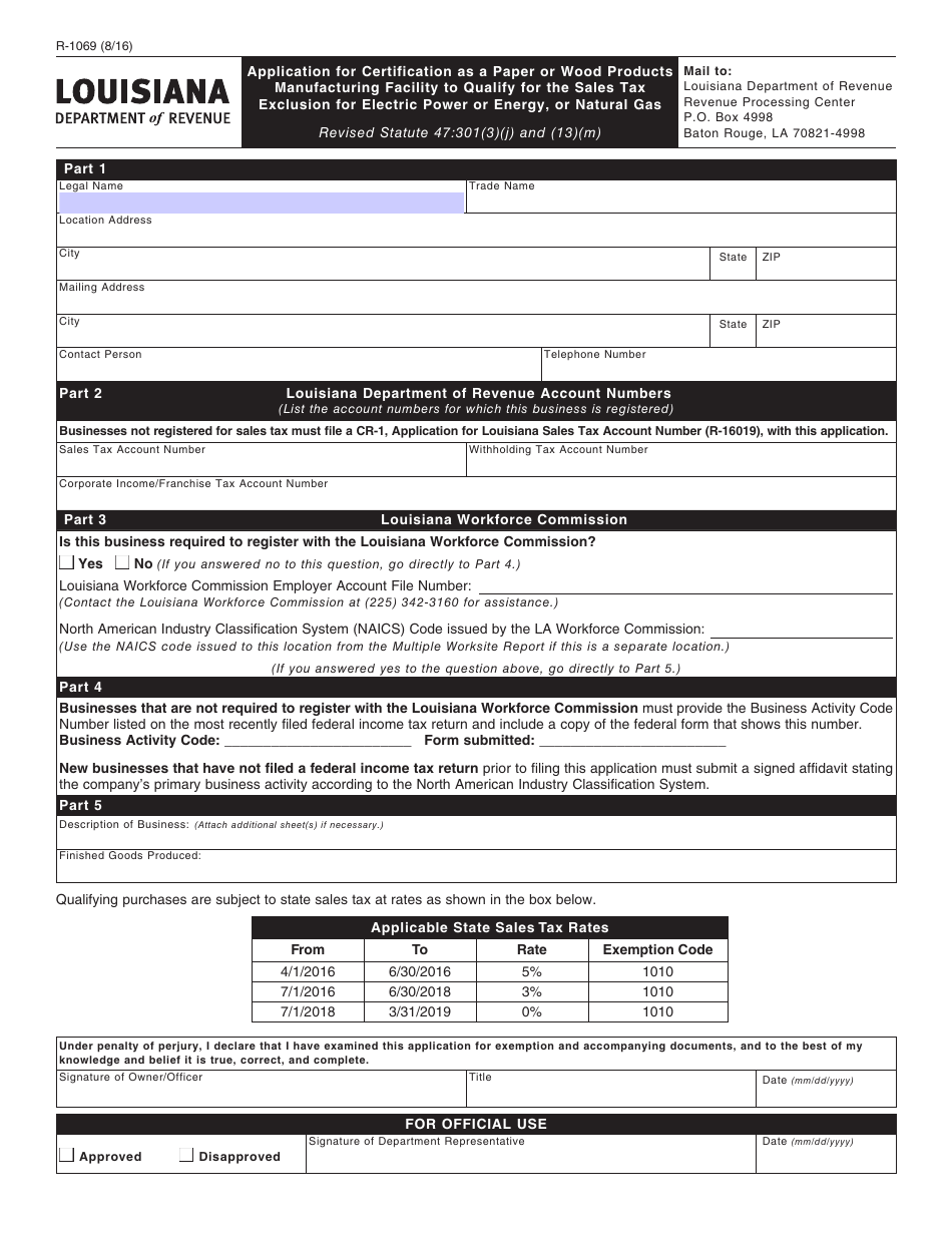 Form R-1069 Application for Certification as a Paper or Wood Products Manufacturing Facility to Qualify for the Sales Tax Exclusion for Electric Power or Energy, or Natural Gas - Louisiana, Page 1