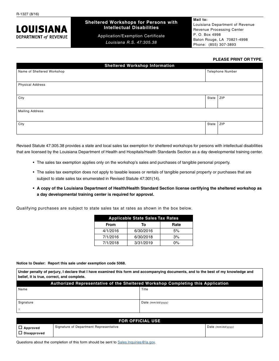 Form R-1327 Sheltered Workshops for Persons With Intellectual Disabilities - Louisiana, Page 1
