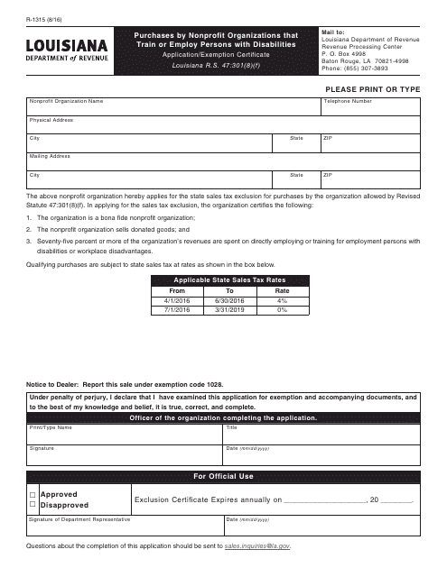 Form R-1315  Printable Pdf