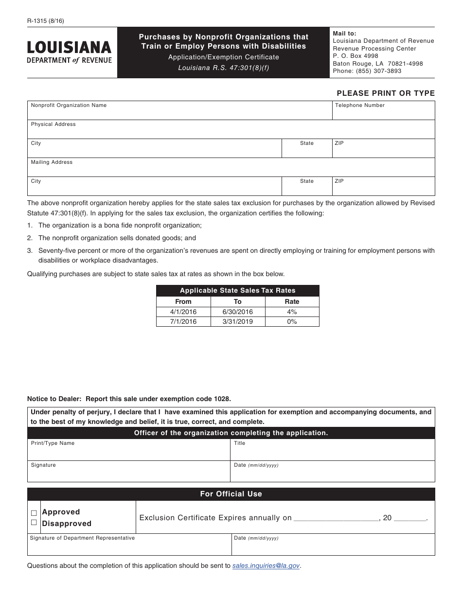 Form R-1315 Purchases by Nonprofit Organizations That Train or Employ Persons With Disabilities - Louisiana, Page 1
