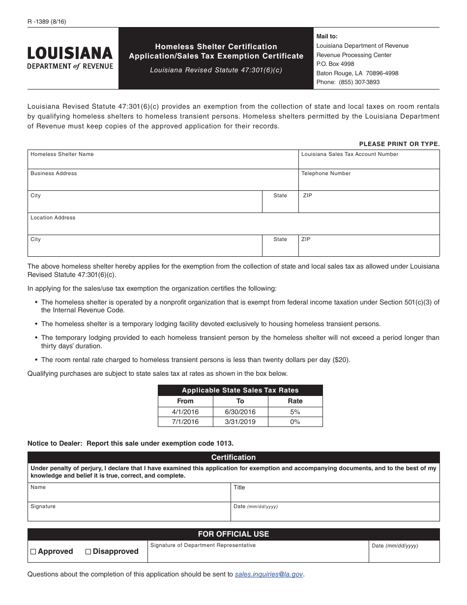 Form R-1389 Homeless Shelter Certification Application / Sales Tax Exemption Certificate - Louisiana, Page 1