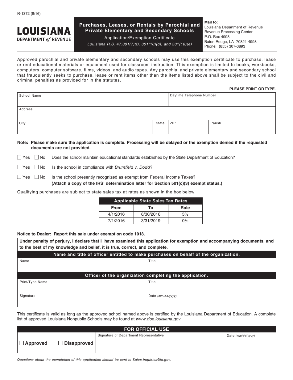 Form R-1372 Purchases, Leases, or Rentals by Parochial and Private Elementary and Secondary Schools - Louisiana, Page 1