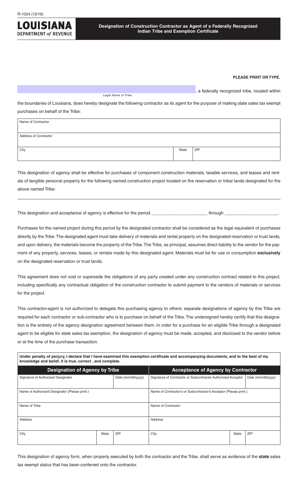Form R-1024 Designation of Construction Contractor as Agent of a Federally Recognized Indian Tribe and Exemption Certificate - Louisiana, Page 1