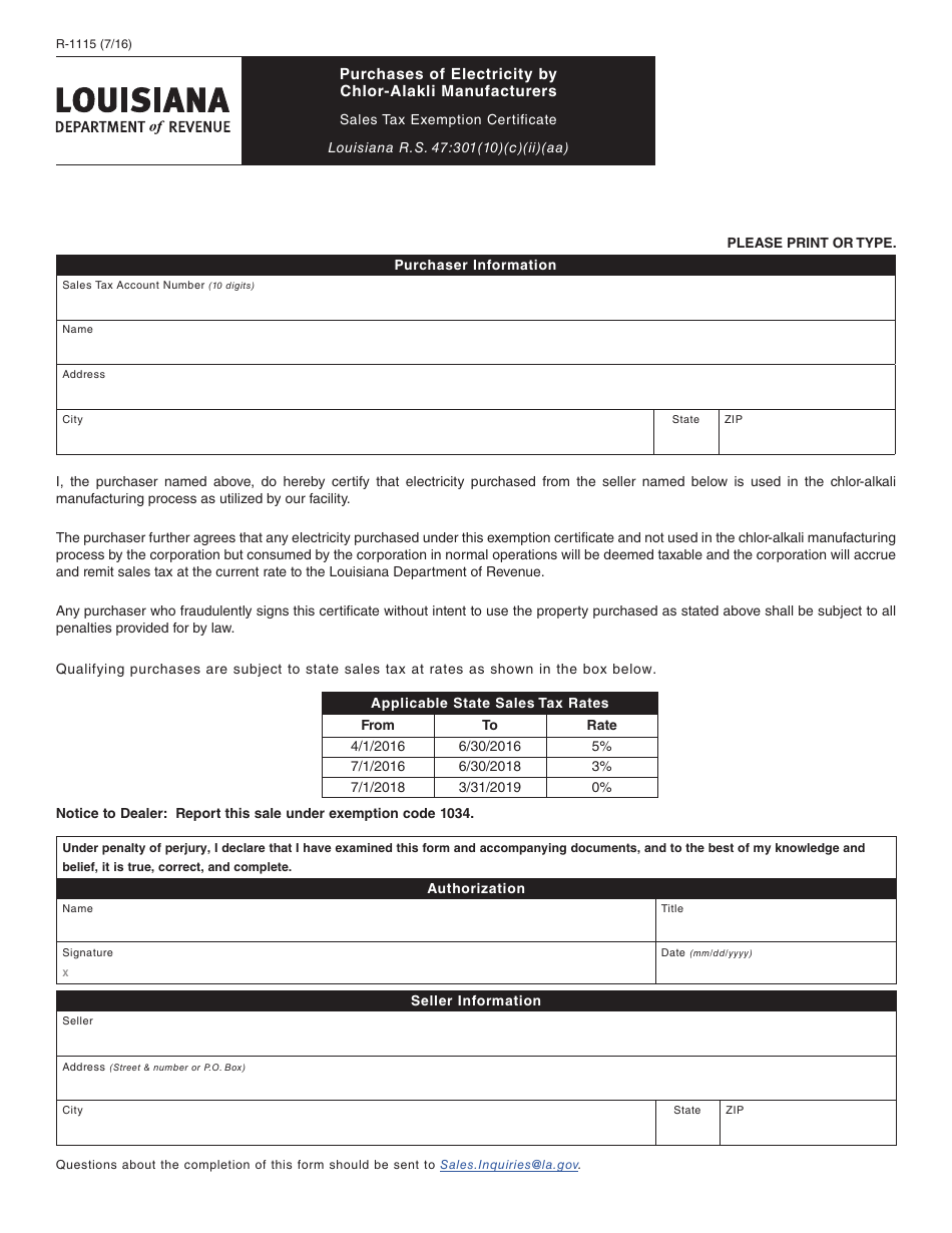 Form R-1115 Purchases of Electricity by Chlor-Alakli Manufacturers - Louisiana, Page 1