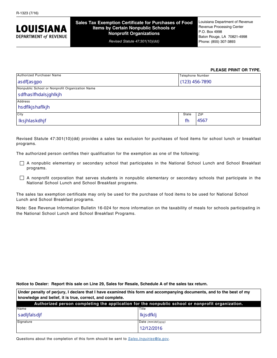 Form R-1323 Sales Tax Exemption Certificate for Purchases of Food Items by Certain Nonpublic Schools or Nonprofit Organizations - Louisiana, Page 1