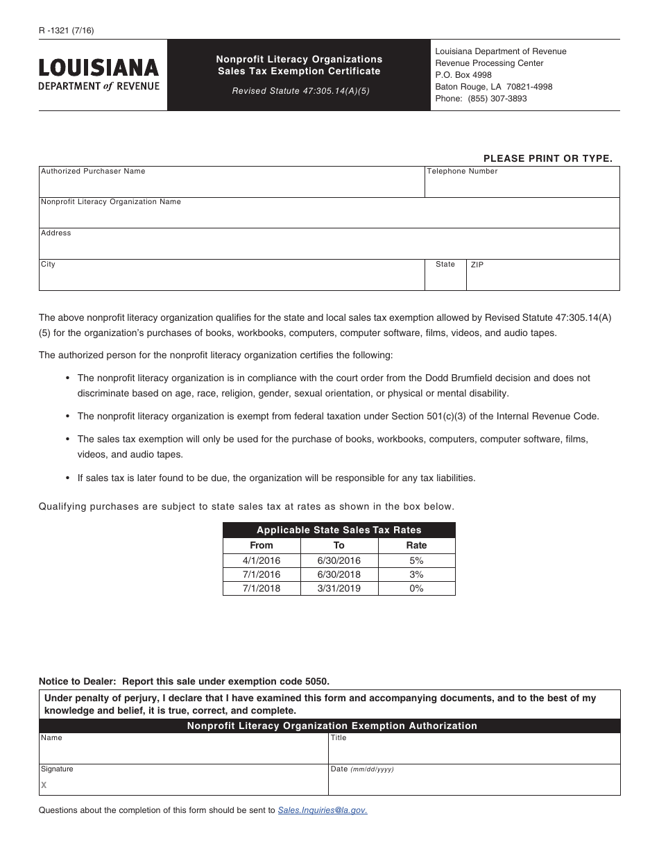 Form R-1321 Nonprofit Literacy Organizations Sales Tax Exemption Certificate - Louisiana, Page 1