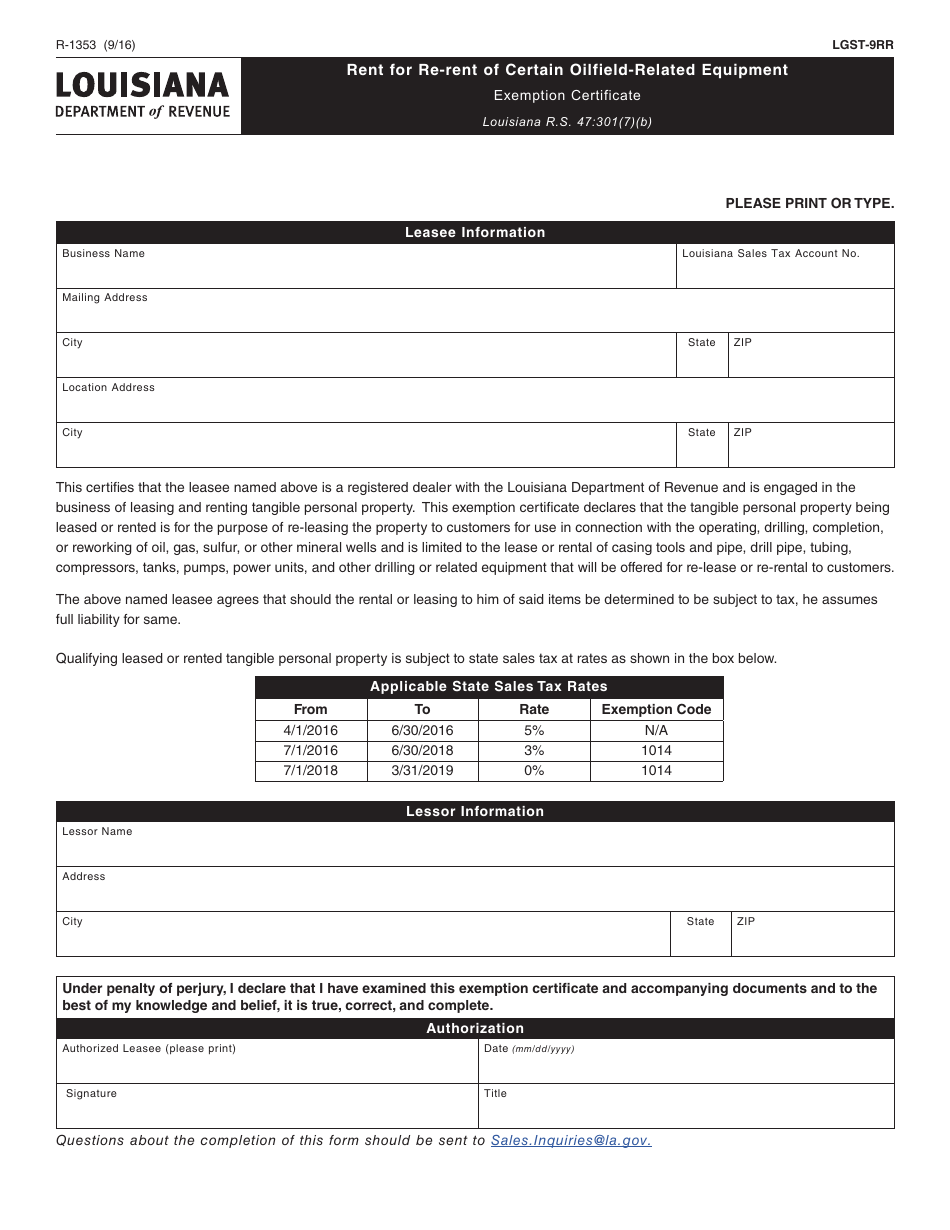 Form R-1353 Rent for Re-rent of Certain Oilfield-Related Equipment - Louisiana, Page 1