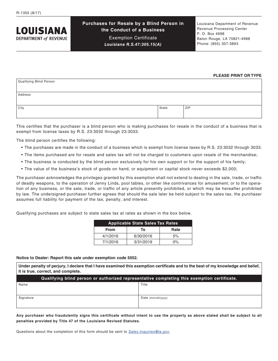 Form R-1355 Purchases for Resale by a Blind Person in the Conduct of a Business - Louisiana, Page 1
