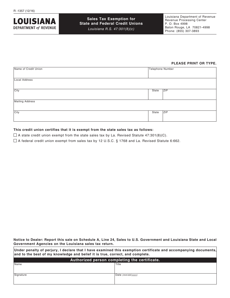Form R-1357 Sales Tax Exemption for State and Federal Credit Unions - Louisiana, Page 1