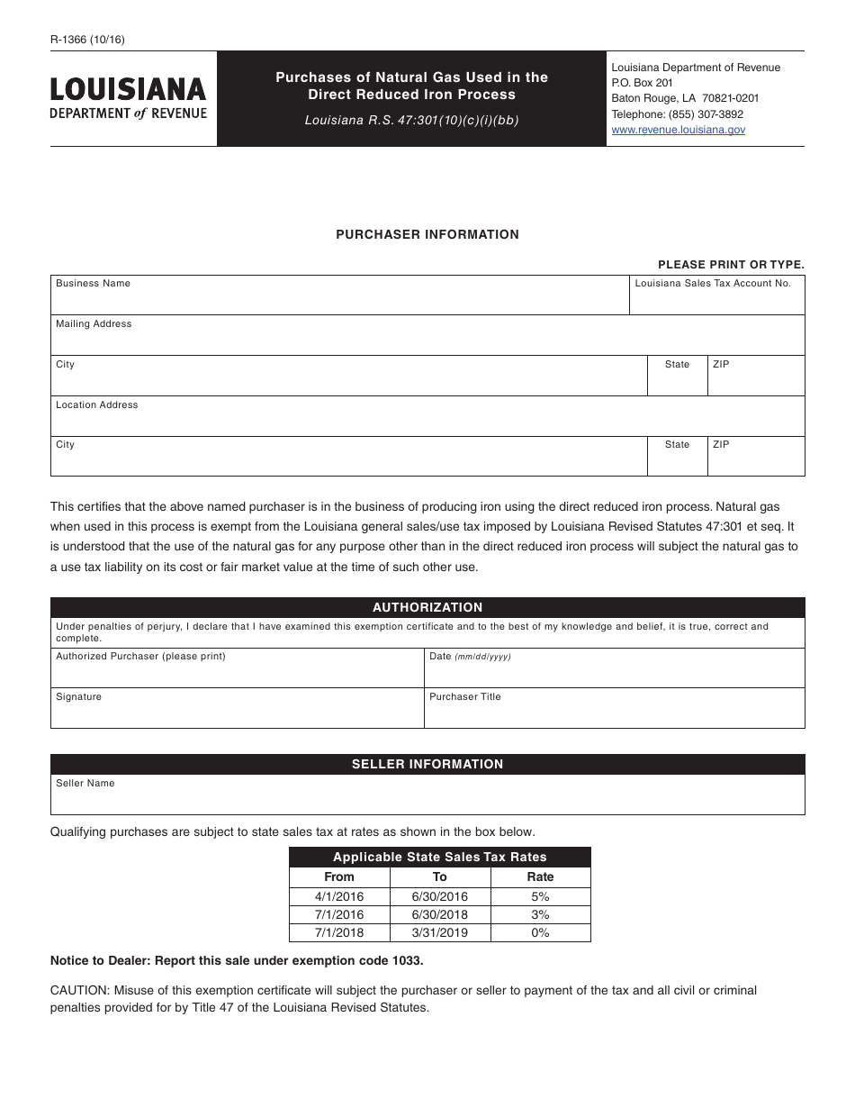 Form R-1366 Purchases of Natural Gas Used in the Direct Reduced Iron Process - Louisiana, Page 1