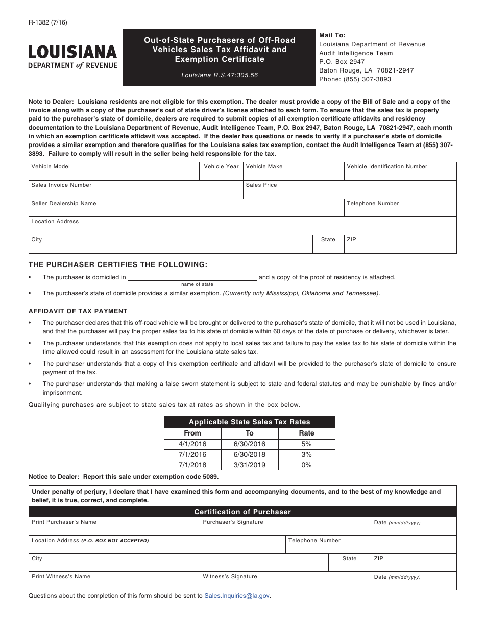 Form R-1382 Out-of-State Purchasers of off-Road Vehicles Sales Tax Affidavit and Exemption Certificate - Louisiana, Page 1