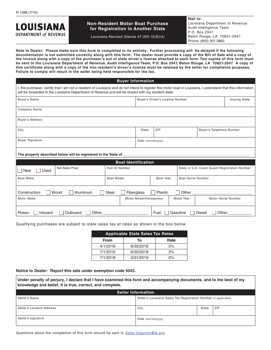 Form R-1368 Non-resident Motor Boat Purchase for Registration in Another State - Louisiana, Page 1