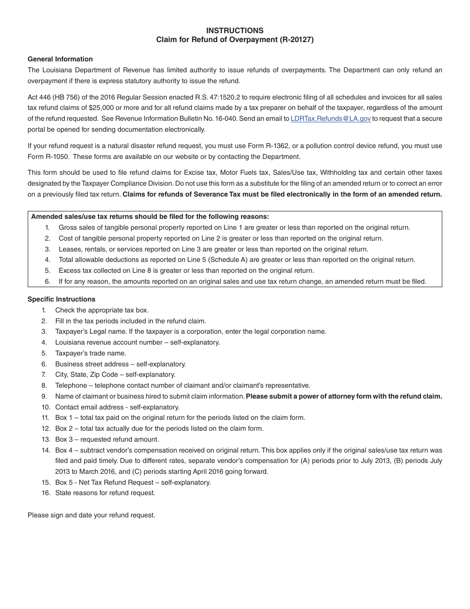 Form R-20127 Claim for Refund of Overpayment - Louisiana, Page 2