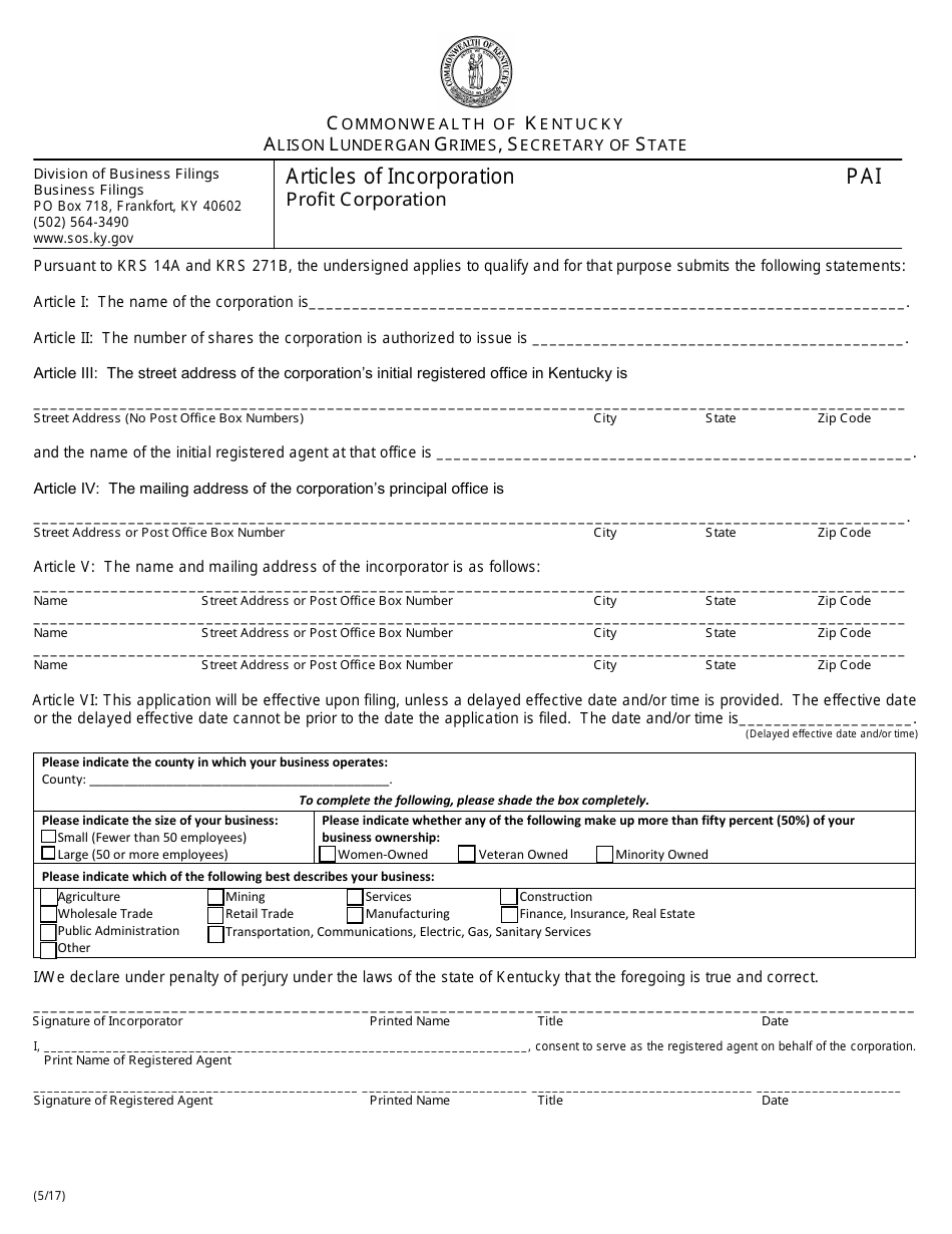 Form PAI Articles of Incorporation - Profit Corporation - Kentucky, Page 1