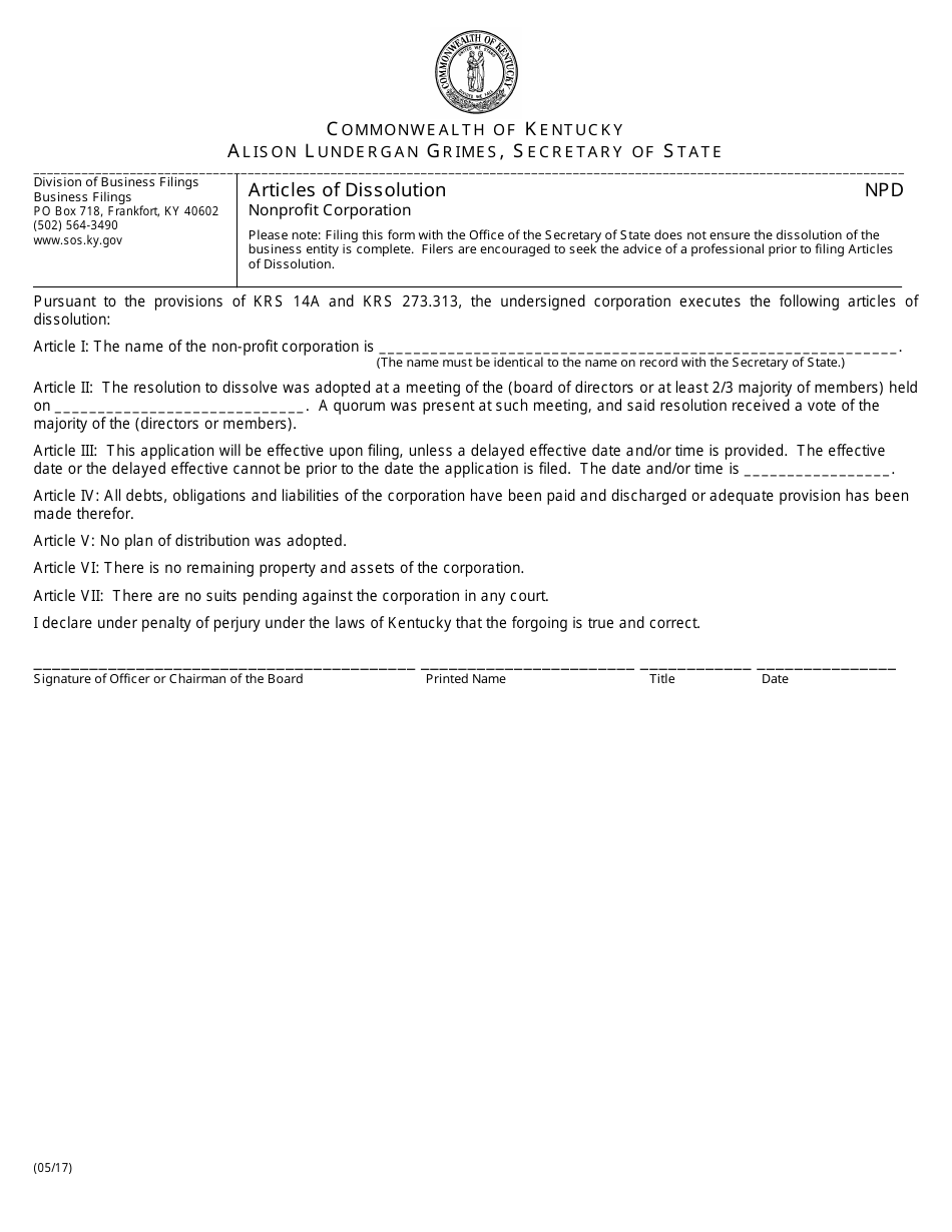 Form NPD Articles of Dissolution - Nonprofit Corporation - Kentucky, Page 1