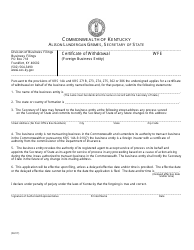 Document preview: Form WFE Certificate of Withdrawal - Foreign Business Entity - Kentucky
