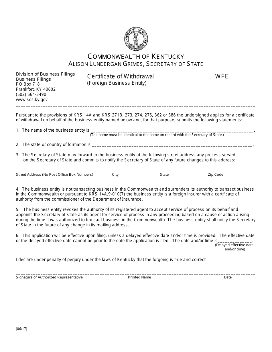 Form WFE Certificate of Withdrawal - Foreign Business Entity - Kentucky, Page 1
