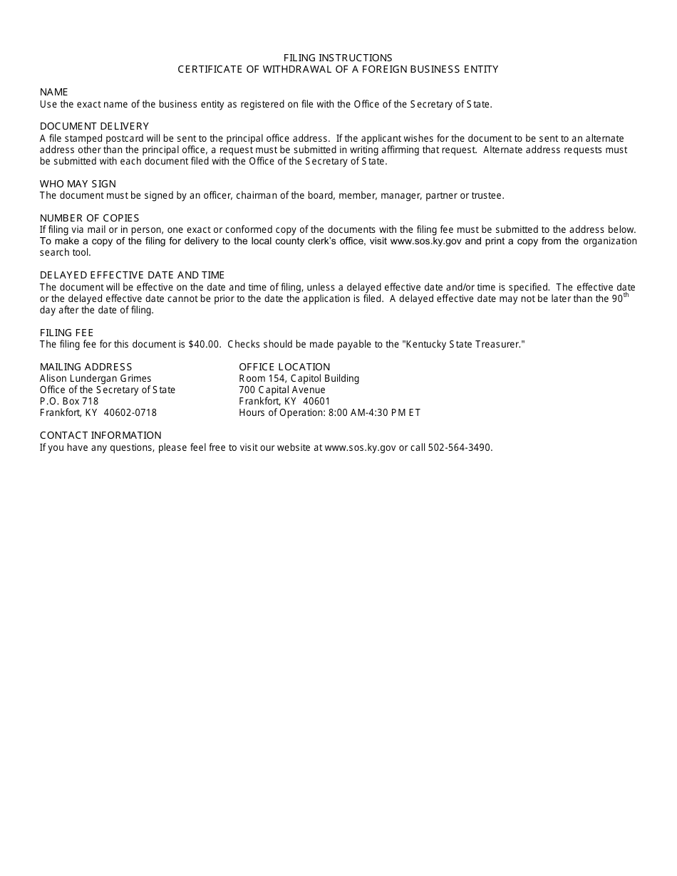 Form WFE Certificate of Withdrawal - Foreign Business Entity - Kentucky, Page 2