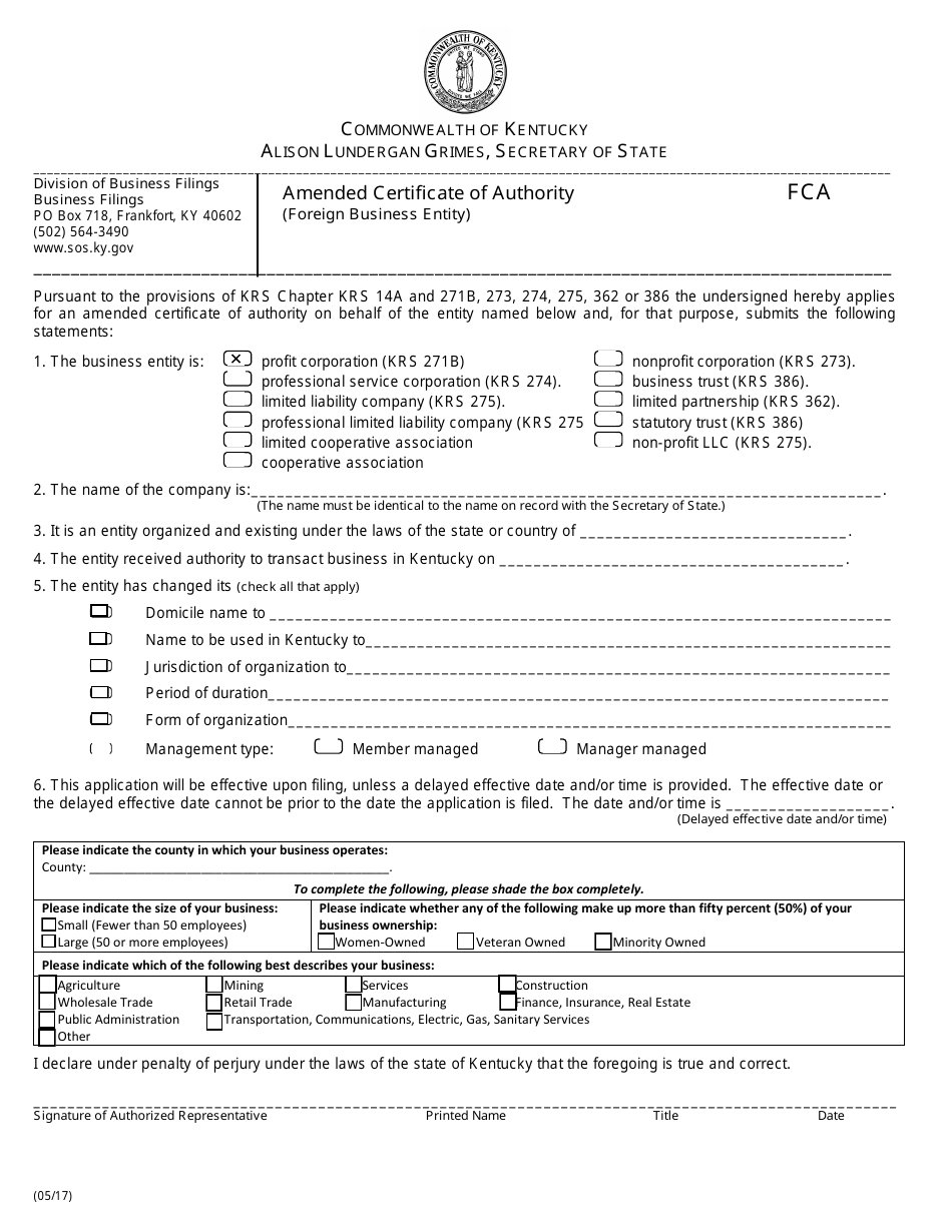 Form FCA Amended Certificate of Authority - Foreign Business Entity - Kentucky, Page 1