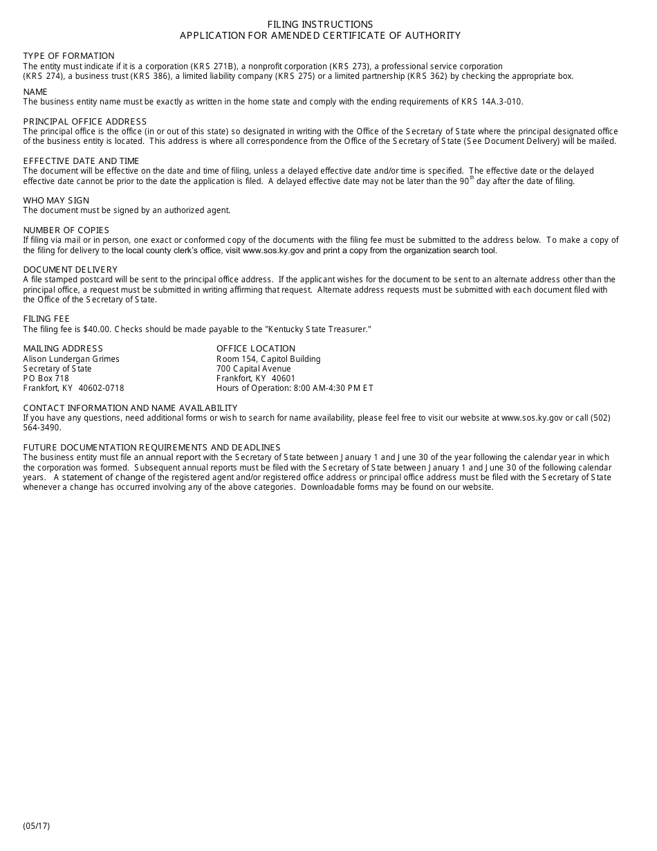 Form FCA Amended Certificate of Authority - Foreign Business Entity - Kentucky, Page 2