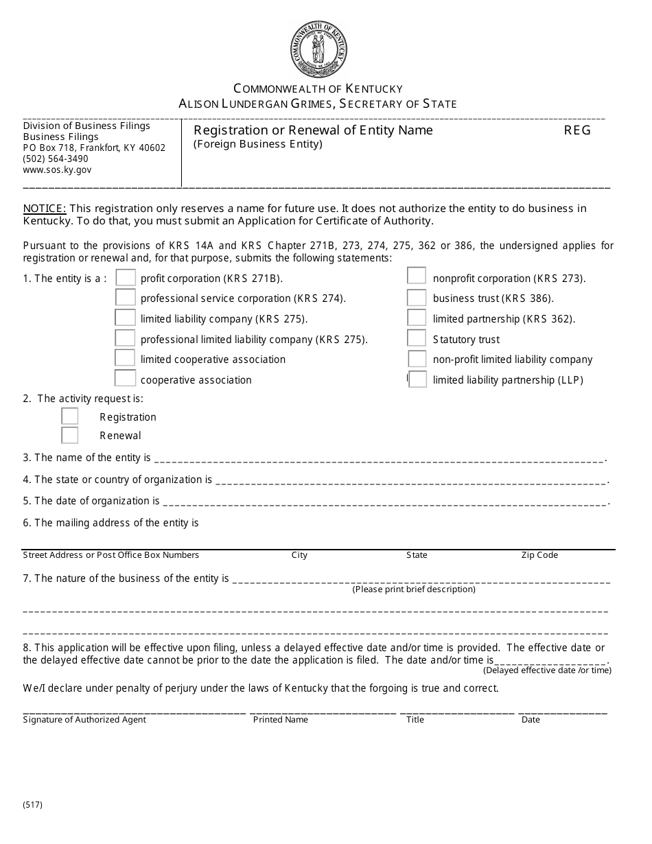 Form REG Registration or Renewal of Entity Name - Foreign Business Entity - Kentucky, Page 1