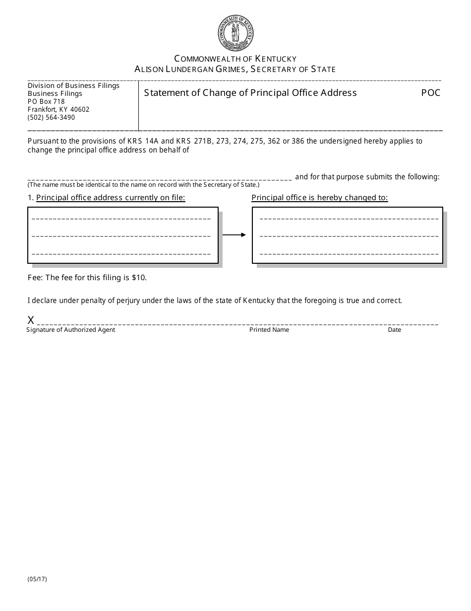 Form POC Statement of Change of Principal Office Address - Kentucky, Page 1