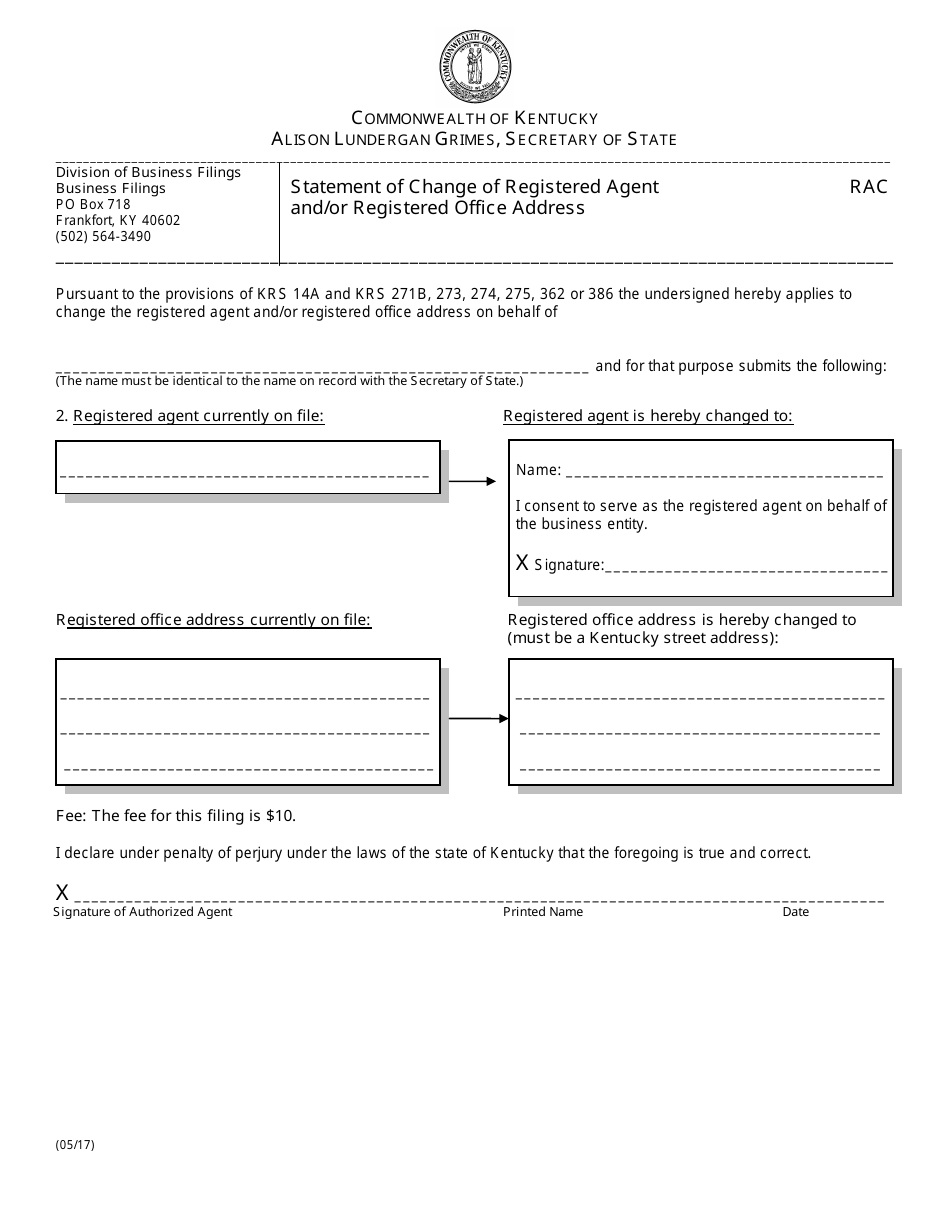 Form RAC Statement of Change of Registered Agent and / or Registered Office Address - Kentucky, Page 1