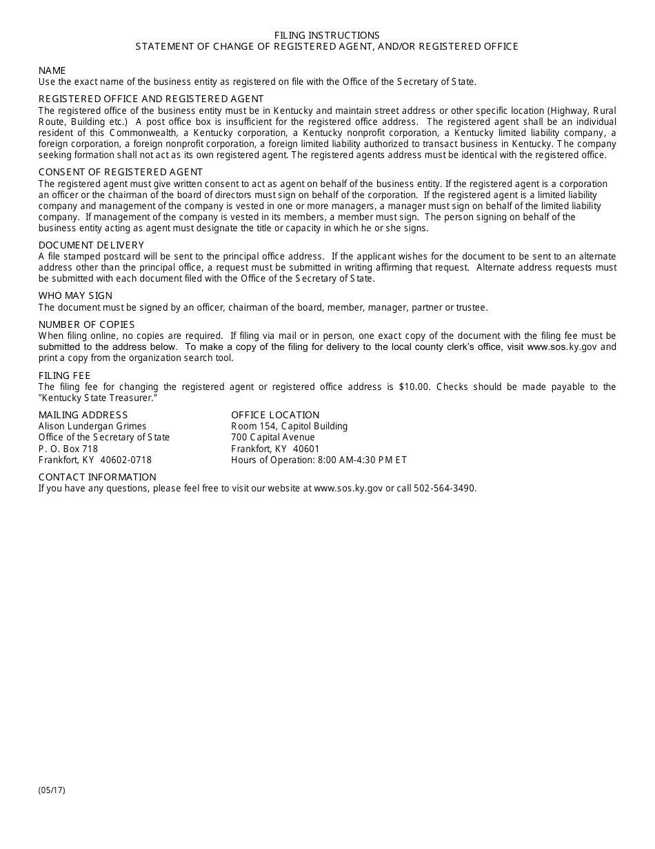 Form RAC Statement of Change of Registered Agent and / or Registered Office Address - Kentucky, Page 2