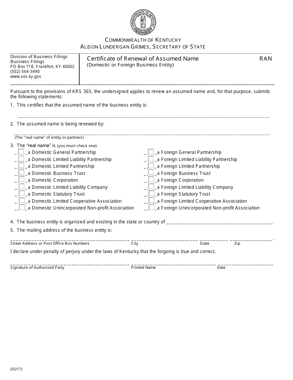 Form RAN Certificate of Renewal of Assumed Name - Domestic or Foreign Business Entity - Kentucky, Page 1
