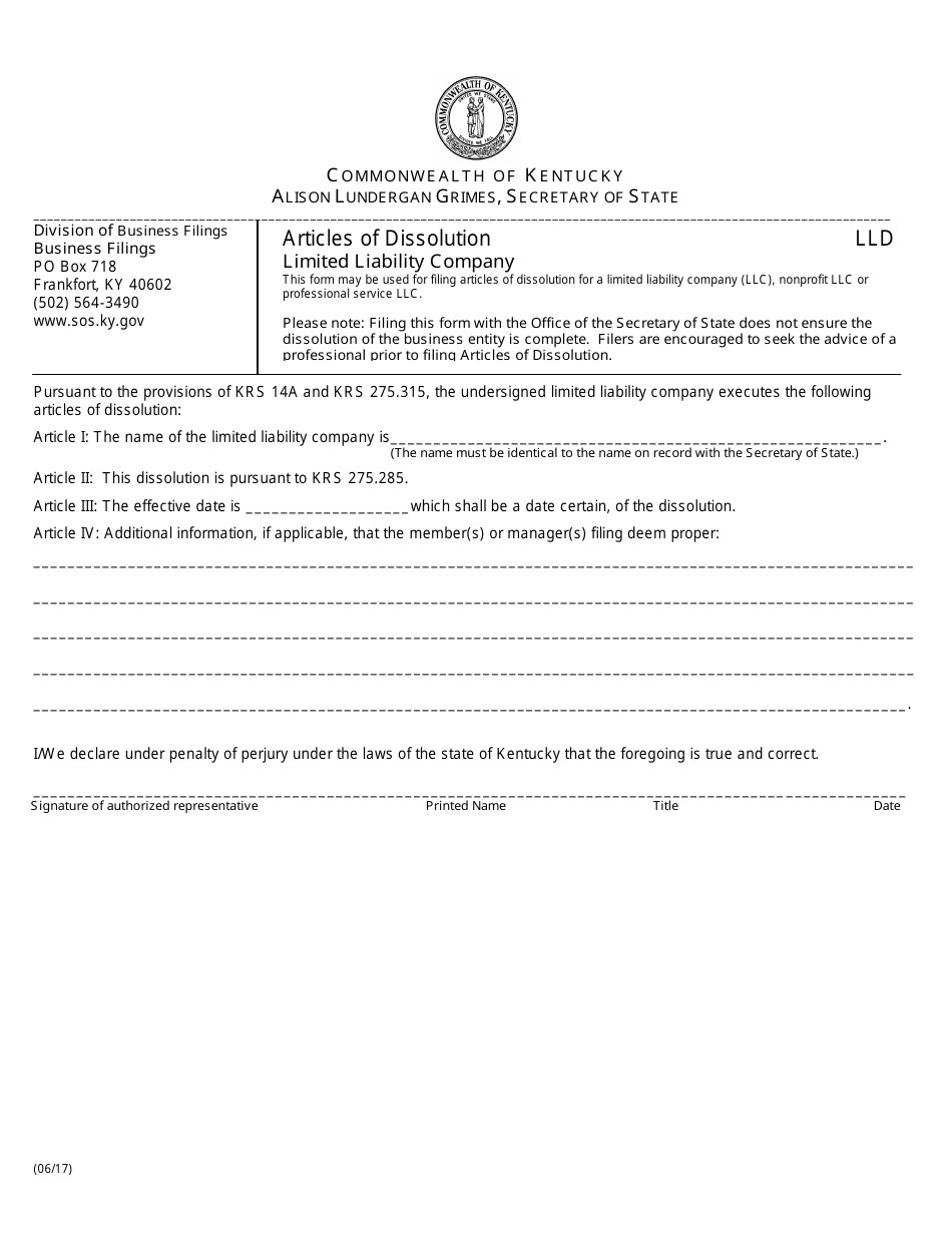 Form LLD Articles of Dissolution - Limited Liability Company - Kentucky, Page 1