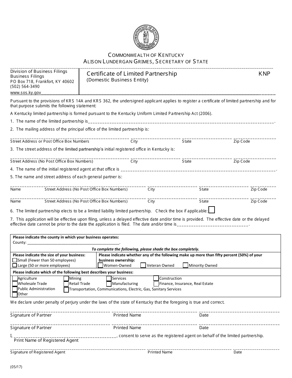 Certificate of Limited Partnership (Domestic Business Entity) - Kentucky, Page 1