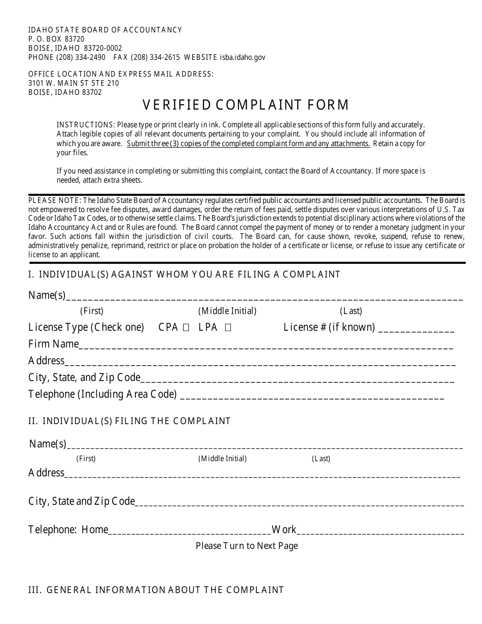 Verified Complaint Form - Idaho, Page 1