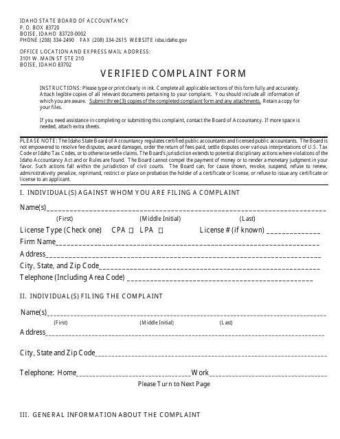 Verified Complaint Form - Idaho Download Pdf