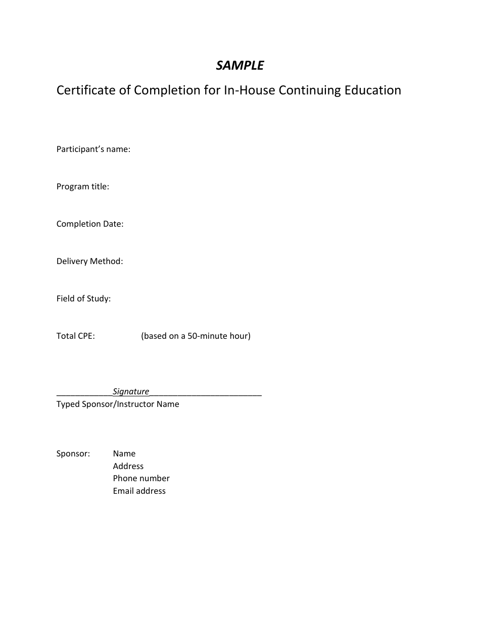 Certificate of Completion for in-House Continuing Education - Sample - Idaho, Page 1