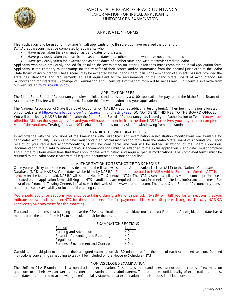 Idaho Initial Application For Uniform Cpa Examination Download Printable Pdf Templateroller